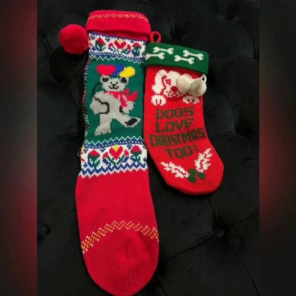 Set of 2 Vintage 90’s Christmas Kid & Per Dog Stockings Holidays Decor Kitsch - Picture 2 of 8